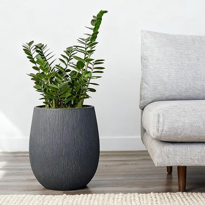 Worth Garden Dark Gray Round Planter, 9" Dia x 13" H Lightweight Magnesium Oxide Cement Plant Pot with a Striped Textured Finish, Raised Pattern Concrete Look, Drainage Hole, Indoor & Outdoor Use