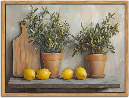 Floating Framed Vintage Kitchen Wall Art, Yellow Lemon Still Life Wall Decor Oil Paintings, Rustic Farmhouse Artwork Canvas Posters Prints Pictures for Living Room Bedroom Home Decor 16x24 Inch