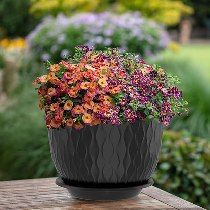 12/10/9 Inch Planter Pots, 3-Pack Large Flower Pots for Indoor Outdoor Garden Plants, Big Plant Pots with Multi Mesh Drainage Holes and Saucer (Black, 12"+10"+9")