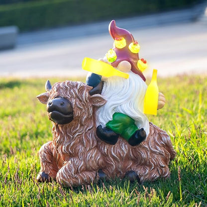 DKJOCKY Birthday Gifts for Women,Funny Garden Gnomes with Highland Cow Statues Decorations for Yard, Gnomes with Solar Lights Garden Decor, Friendships Birthday Gifts for Women Mom Unique