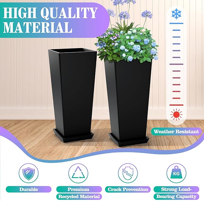 24 Inch Tall Tapered Square Planters (Set of 2) - Indoor Outdoor Large Flower Pots with Built-in Drainage & Matching Water Tray for Patio, Garden, Home - Black