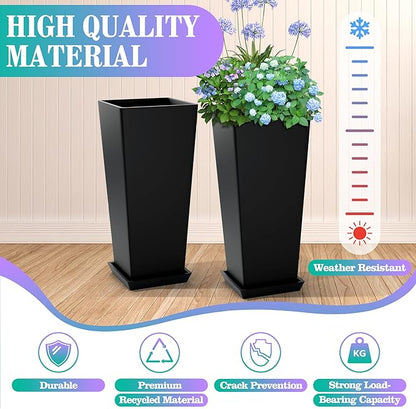 24 Inch Tall Tapered Square Planters (Set of 2) - Indoor Outdoor Large Flower Pots with Built-in Drainage & Matching Water Tray for Patio, Garden, Home - Black