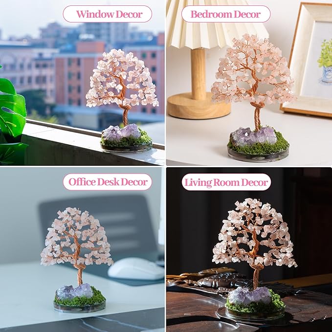 Dreamocean Rose Quartz Crystal Tree of Life Natrual Amethyst Cluster Geode Crystal Money Gemstone Bonsai Tree for Positive Energy, Money, Good Luck Pink Gifts for Women（Pink）
