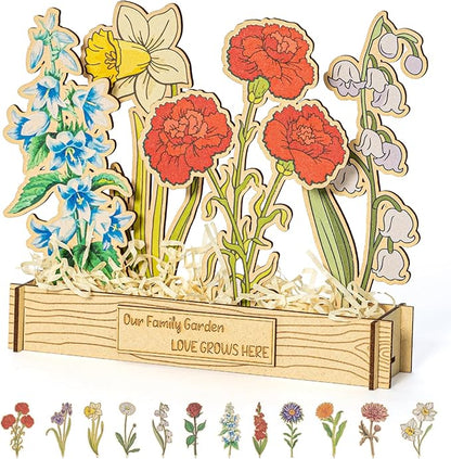 Mother's Day - 12 Birth Month Flowers Wooden Garden Decor for Grandma's Birthday, Floral Gift for Mom from Daughter, Practical Wooden Keepsake to Remember A Day, Flower Room Decor Idea for Grandma
