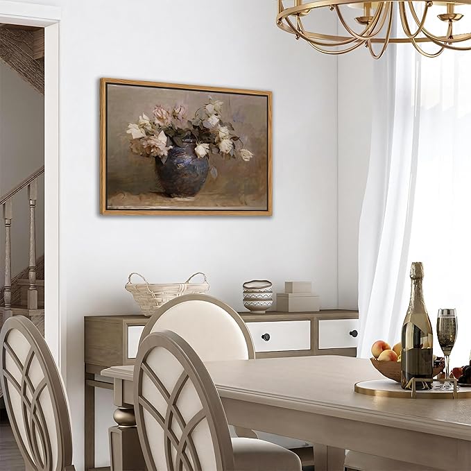 SAMHOU Floating Framed Floral Canvas Wall Art, Vintage Flowers Pictures Wall Decor, Rustic Farmhouse Pink Roses Poster Prints for Living Room Bathroom Dining Room Decor 16x24 inch