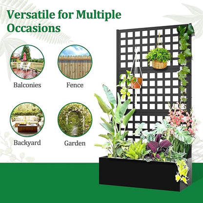 Metal Raised Garden Bed with Trellis, 2 in 1 Trellis with Planter Box & Privacy Screen for Climbing Plants, Vine, Outdoor Standing Flower Beds with Drainage Holes, 35.4" L x 16.7" W x 70.8" H, Black