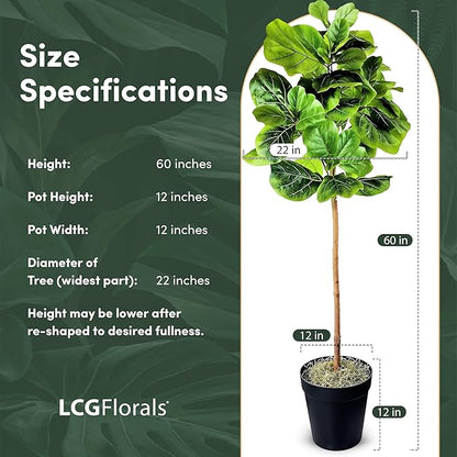 5ft Artificial Fiddle Leaf Fig Tree - Real Wood Trunk, Preassembled, No Maintenance Indoor Faux Plant in Black Pot - Living Room, Home & Office Decor