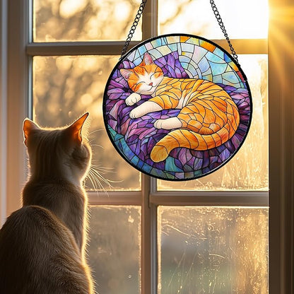 Stained Glass Window Hanging Sleeping Orange Cat Large 11.8" - Memorial Gift Suncatcher Door Sun Catcher Decor Birthday Christmas for Lost Pets Mom Men Woman Friend