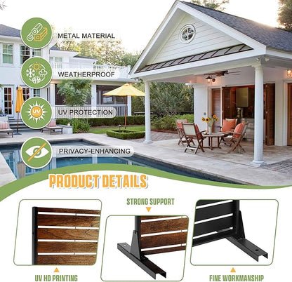 FENCY Metal Outdoor Privacy Screen 72" H×47" W Vintage Wood Color Patio Privacy Screen, Freestanding Decorative for Deck Balcony Patio
