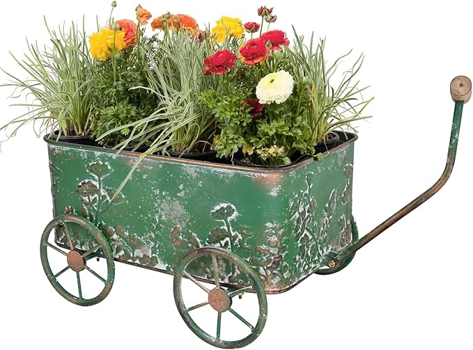 Flower Cart with Wooden Handles, Metal Wagon Planters for Outdoor Plants, Garden Planter with Wagon Wheels, Decorative Wheelbarrow, Plant Cart for Patio Garden Balcony (Green)
