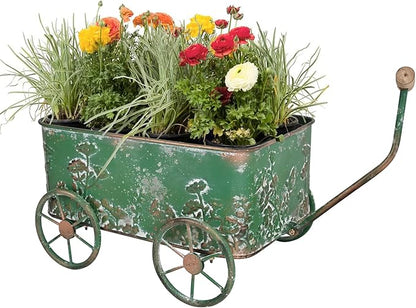Flower Cart with Wooden Handles, Metal Wagon Planters for Outdoor Plants, Garden Planter with Wagon Wheels, Decorative Wheelbarrow, Plant Cart for Patio Garden Balcony (Green)
