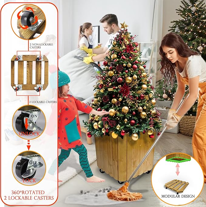 Outdoor Tall Large Square Wood Planter Box Caddy with 360° Lockable Wheels, Indoor Garden Flower Plant Pot Rolling Stand (Yellow)