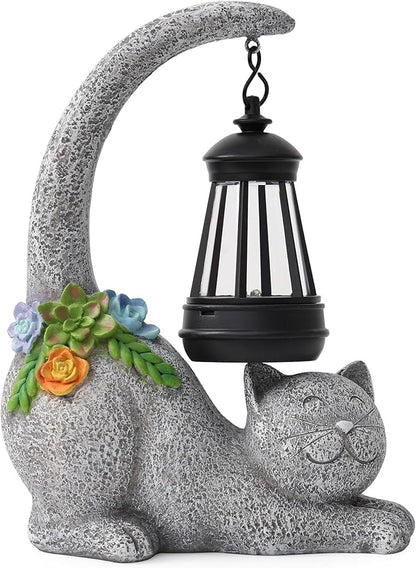 Garden Cute Cat Gnome Statue Decorations - Solar Resin Cat wtih Solar Garden Lights Outdoor Decorations Waterproof for Patio,Yard,Lawn,