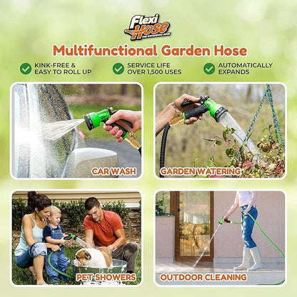 Flexi Hose Plus Expandable Garden Hose with 8 Function Nozzle, 50FT - Lightweight Retractable Garden Hose, Water Hose - No-Kink Flexibility, 3/4 Inch Solid Brass Fittings Includes Hook & Bag