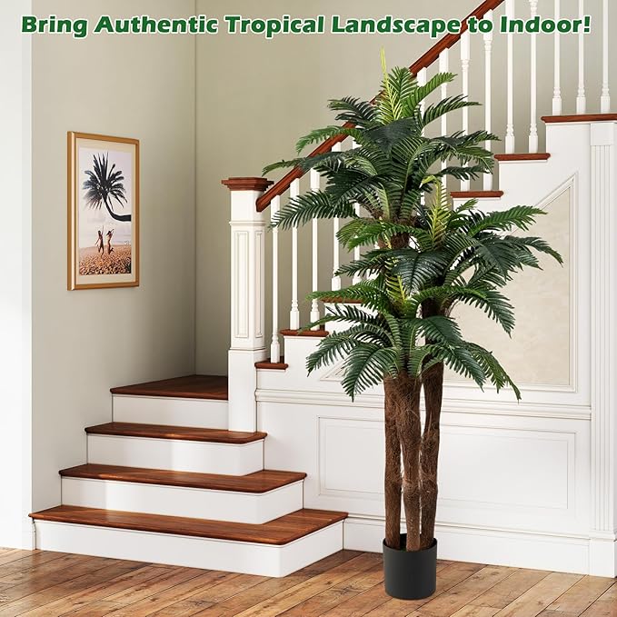 Goplus 2 Pack Artificial Palm Tree, 6.3 ft Tall Fake Tropical Plant with 45 + 3 Adjustable Leaves, 3 Real Barks & Moss, Indoor Faux Pre-potted Floor Plant for Home Office Decoration, Housewarming Gift