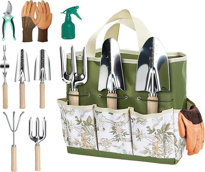 Gardening Tool Set, Heavy Duty Garden Tool Set with Fashion Garden Bag, Durable Stainless Steel Gardening Hand Tools, Gardening Gifts for Women, Mom