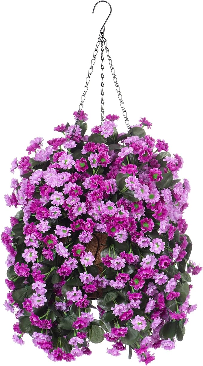 Artificial Flowers in Hanging Basket for Outdoors Indoors Decor, Artificial Mums Bush Flowers Plants with Baskets for Home Porch Garden Yard Patio Spring Summer Decoration (Purple Pink)