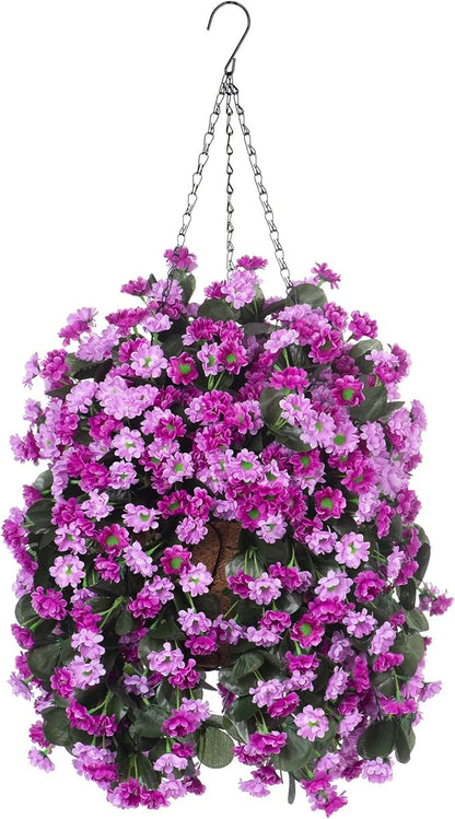 Artificial Flowers in Hanging Basket for Outdoors Indoors Decor, Artificial Mums Bush Flowers Plants with Baskets for Home Porch Garden Yard Patio Spring Summer Decoration (Purple Pink)