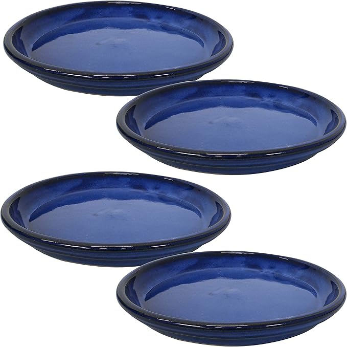 Sunnydaze 12-Inch Ceramic Plant Saucers - Plant Drip Trays for Outdoor Planter Flowerpot Drainage - Set of 4 - Imperial Blue
