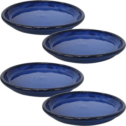 Sunnydaze 12-Inch Ceramic Plant Saucers - Plant Drip Trays for Outdoor Planter Flowerpot Drainage - Set of 4 - Imperial Blue