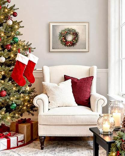 InSimSea Christmas Decor Framed Wall Art, Christmas straw wreath Canvas Painting, Pleasant Holiday decor Unique Christmas Gifts For Table Wall Farmhouse Mantel Home Office 12L x 16W