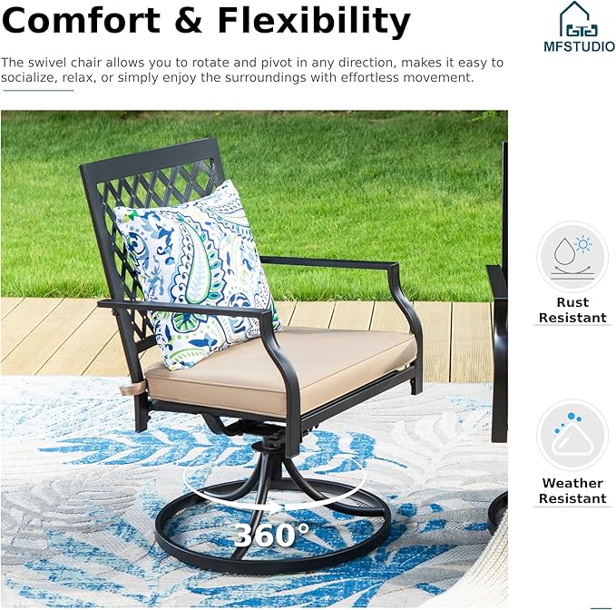 MFSTUDIO Patio Dining Set for 6, Outdoor Dining Set with 1 Rectangular Metal Table 6 Swivel Chairs, Outdoor Table and Chairs Set with Umbrella Hole for Deck, Backyard, Countyard & Garden