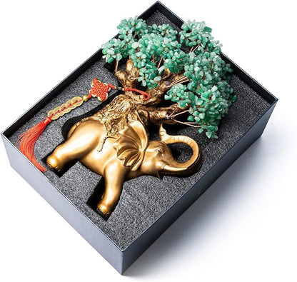 Green Aventurine Crystal Money Tree on Gold Elephant Statue, 17”Large Gemstone Bonsai Tree of Life Home Décor Gifts for Wealth Positive Energy, Feng Shui Décor