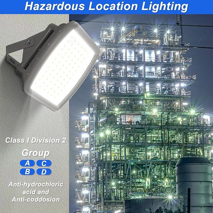 200W LED Explosion Proof Flood Light, Class I Division 2, 5000K IP68/IK10 Hazardous Location Lighting for Petroleum Refineries, Utility Gas Plants, Storage Areas, 100-277V, UL Listed