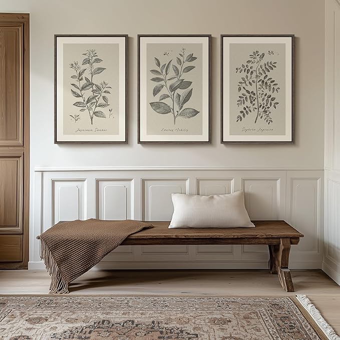 Large Framed Botanical Wall Art for Living Room, 3 Piece Neutral Plant Canvas Painting Prints Artwork for Walls, Vintage Floral illustration Pictures for Farmhouse Bedroom Kitchen Wall Decor, 20x30