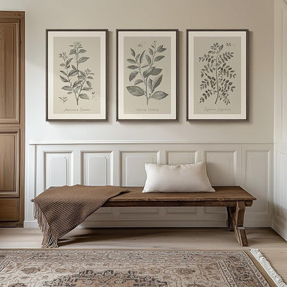 Large Framed Botanical Wall Art for Living Room, 3 Piece Neutral Plant Canvas Painting Prints Artwork for Walls, Vintage Floral illustration Pictures for Farmhouse Bedroom Kitchen Wall Decor, 20x30