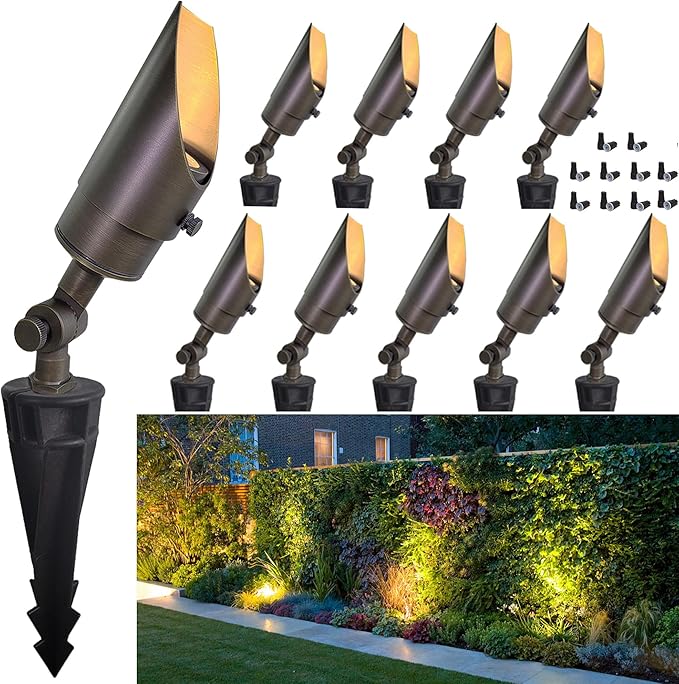 MALORY Landscape Spotlight, Brass Spot Light Outdoor with 5W MR16 LED Bulb, 12V AC/DC Low Voltage Landscape Lighting Waterproof Spot Lights for Outside Tree, Garden, Yard (S01, 10 Pack Without Bulb)