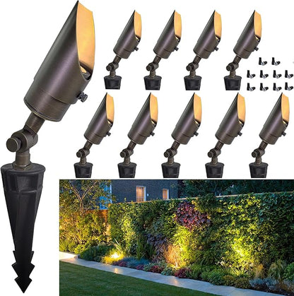 MALORY Landscape Spotlight, Brass Spot Light Outdoor with 5W MR16 LED Bulb, 12V AC/DC Low Voltage Landscape Lighting Waterproof Spot Lights for Outside Tree, Garden, Yard (S01, 10 Pack Without Bulb)