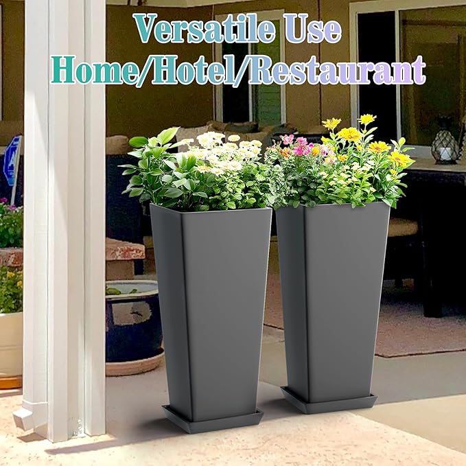 24 Inch Tall Tapered Square Planters (Set of 2) - Indoor Outdoor Large Flower Pots with Built-in Drainage & Matching Water Tray for Patio, Garden, Home - Gray