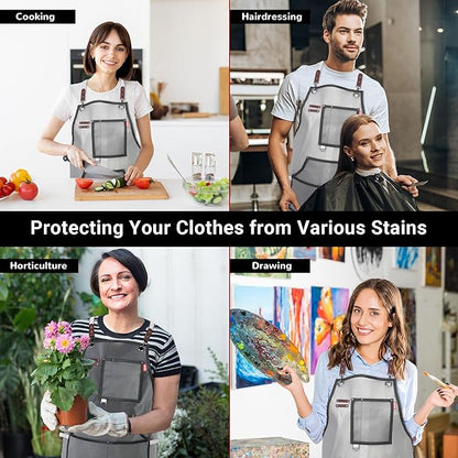 Waterproof Work Apron for Chefs, Hair Stylists, Artists, Gardeners, Adjustable, Multi-Pockets, TPU Mesh Fabric, Plus Size