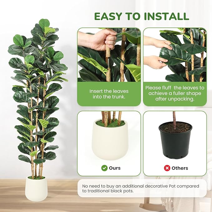 7ft Faux Fiddle Leaf Fig Tree with White Planter, Floor Fake Plants, Realistic Artificial Plants for Home Office Living Room Decor, Housewarming Gift