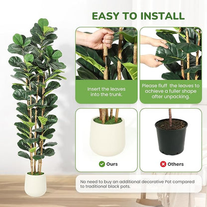 7ft Faux Fiddle Leaf Fig Tree with White Planter, Floor Fake Plants, Realistic Artificial Plants for Home Office Living Room Decor, Housewarming Gift