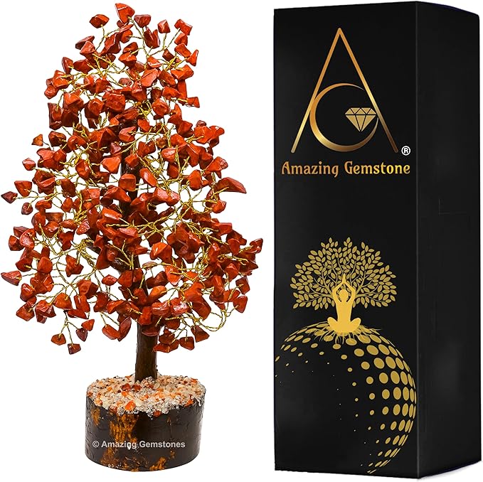 Amazing Gemstone Red Jasper Natural Healing Premium Crystal Bonsai Feng Shui Fortune Money Tree of Life for Home Office Decor (Gift Box Ready,10-12 Inch)