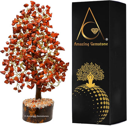 Amazing Gemstone Red Jasper Natural Healing Premium Crystal Bonsai Feng Shui Fortune Money Tree of Life for Home Office Decor (Gift Box Ready,10-12 Inch)