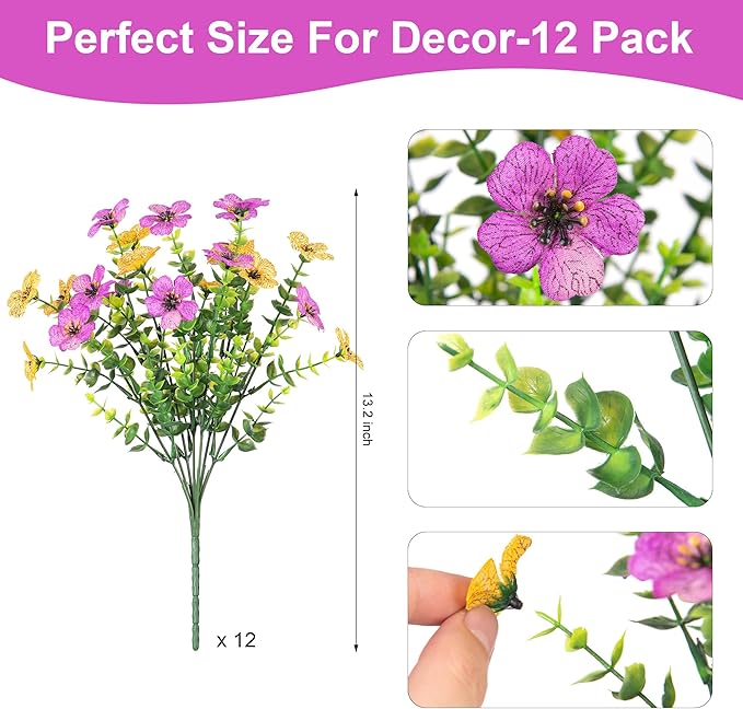 Artificial Fake Mums Flowers for Outdoor Fall Decor, 12 Bundles Faux Silk Plants Daisy for Planter Pot Colorful UV Resistant Look Real for Front Door Porch Patio Outside Yard(Purple Yellow)