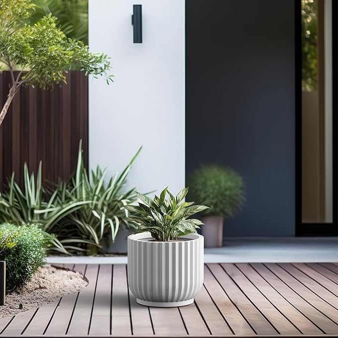 Kante Round Fulted Planter, 11 Inch Dia Large Concrete Plant Pots with Drainage Hole and Rubber Plug, Modern Decor for Indoor Outdoor Plants, Flower, White