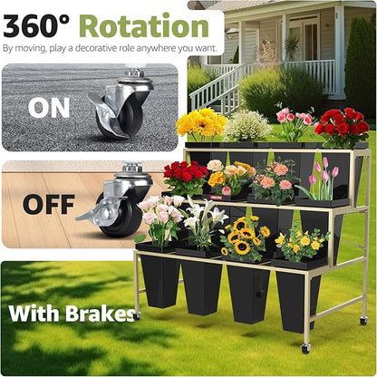 Flower Display Stand 3 Layers with Buckets, 12 PCS Buckets Plant Stand with Wheels, Movable Metal Plant Stand for Terrace Garden, Living Room, Florist Shop