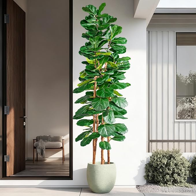 Artificial Fiddle Leaf Fig Tree 7FT, Faux Fig Tree Indoor with Natural Wood Trunk & Realistic Leaves with Moss Pot Fake Ficus Tree Large Faux Floor Plant for Living Room Home Decor, House Plant