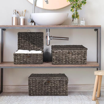 Wicker Storage Baskets with Lids and Handles, Hand Woven Rattan Storage Bins Box, Set 3 Black Water Hyacinth Decorative Large Small Basket Container for Shelves, Bathroom Organizing