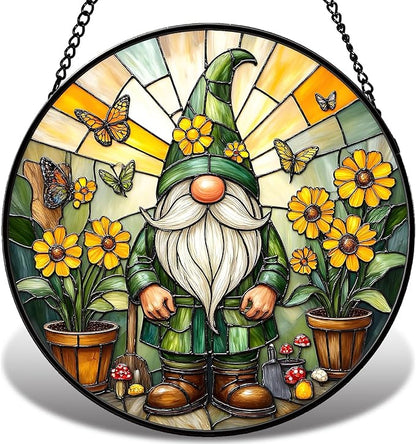 Stained Glass Window Hanging, Gnome in Garden Sun Catcher for Indoor Window Decoration with Flower & Butterfly, Stained Glass Home Decor Gift for Women and Men G02 (6.3'')