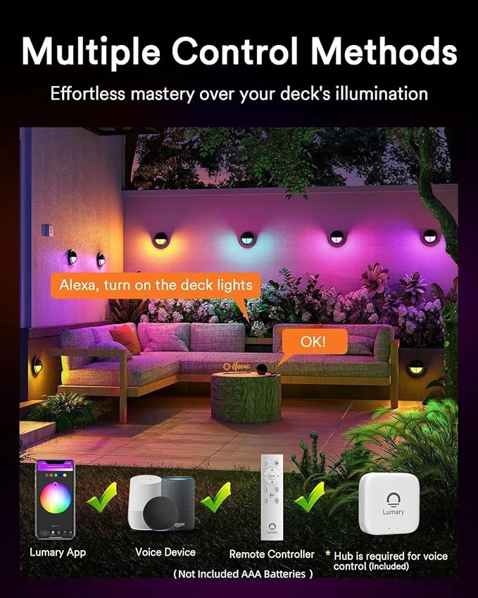 Lumary 6 Pack 12-24V Low Voltage Deck Lighting with Hub, 4 Inch Smart Outdoor Step Light Waterproof, 2200K-6500K RGBCW Color Changing Landscape for Deck, Fence, Stair, Work with Alexa/Google Assistant