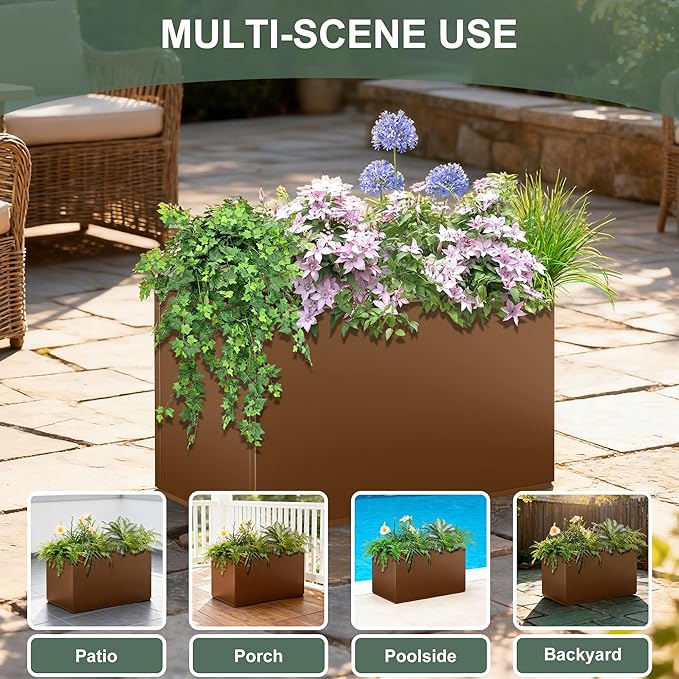 Metal Outdoor Planter Box, Rectangular Large Planters for Outdoor Plants with Drainage Holes for Patio, All-Weather Use, Rust-Resistance (38" L x 15" W x 16" H, Brown)