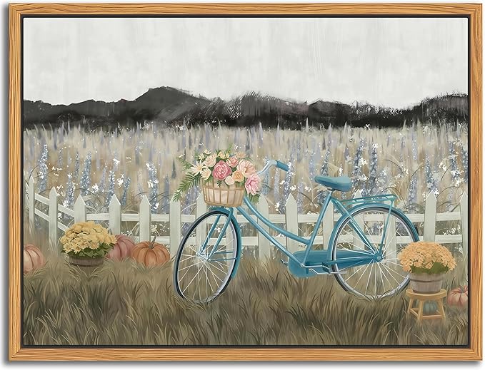 Floating Framed Canvas Wall Art, Vintage Blue Bicycle Flower Basket Wall Decor, Country Nature Landscape Wildflower Poster Print Paintings for Bathroom Living Room Bedroom Home Decor 8x10 inch