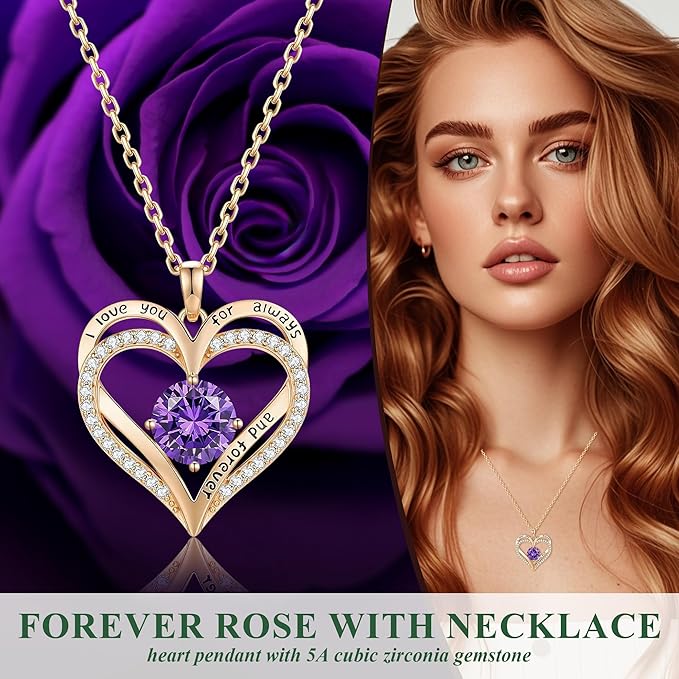 Preserved Purple Rose with Heart Necklace, Eternal Real Rose Flowers, Romantic Rose Gifts for Women, Mom, Wife, Grandma, Girlfriend, Birthday, Anniversary, Mother’s Day(Purple)