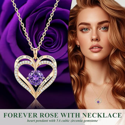Preserved Purple Rose with Heart Necklace, Eternal Real Rose Flowers, Romantic Rose Gifts for Women, Mom, Wife, Grandma, Girlfriend, Birthday, Anniversary, Mother’s Day(Purple)