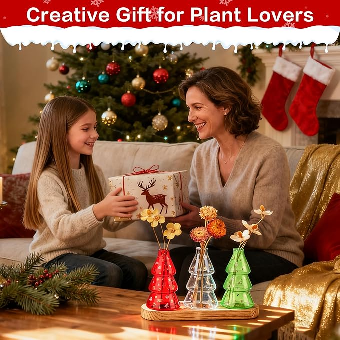Plant Propagation Stations with Vintage Wooden Pallet,Tricolor Christmas Tree Glass Vase for Plants with DIY Sticker Decoration and Cleaning Brush,Thoughtful and Elegant